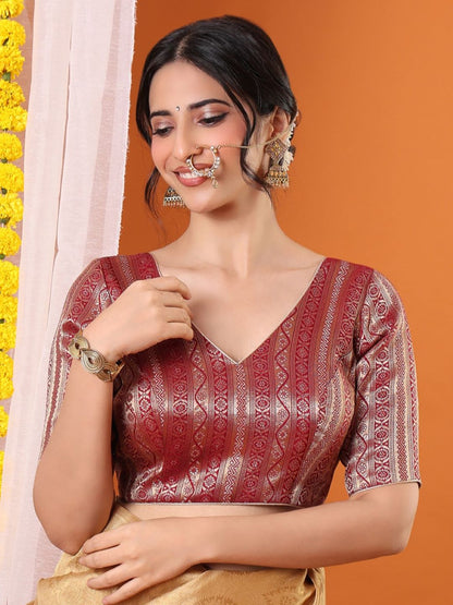 Maroon Brocade Woven Design Zari Padded Saree Blouse