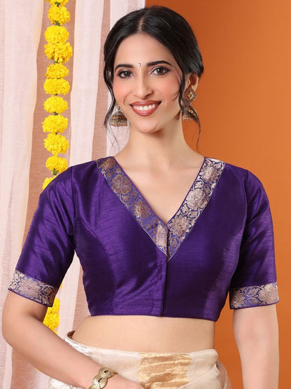 Purple Silk Embroidered Sweetheart Neck Padded Saree Blouse