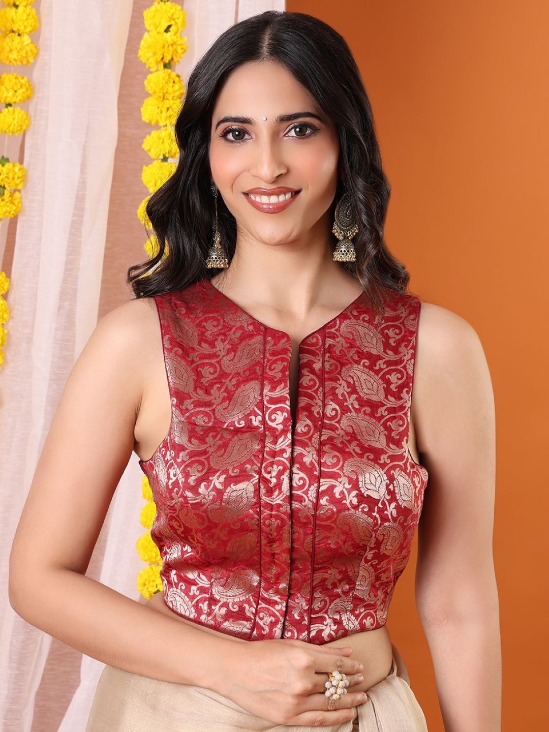 Maroon Brocade Halter Neck Sleeveless Padded Saree Blouse