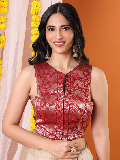 Maroon Brocade Halter Neck Sleeveless Padded Saree Blouse
