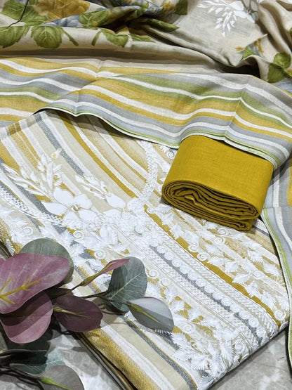 Yellow Cotton Embroidered Unstitched Dress Material