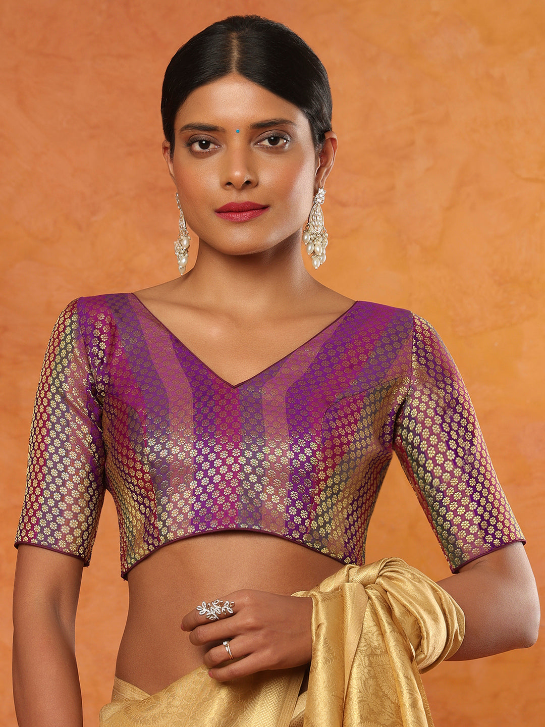 Purple Brocade V Neck Readymade Blouse