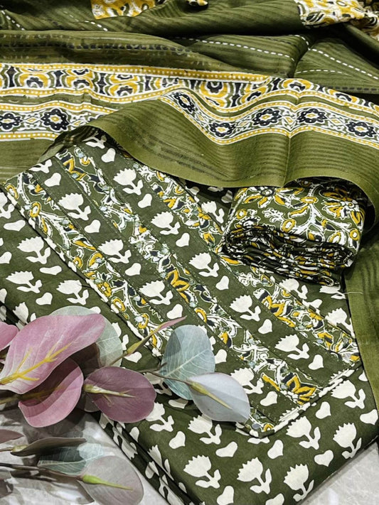 Olive Cotton Printed Unstitched Dress Material