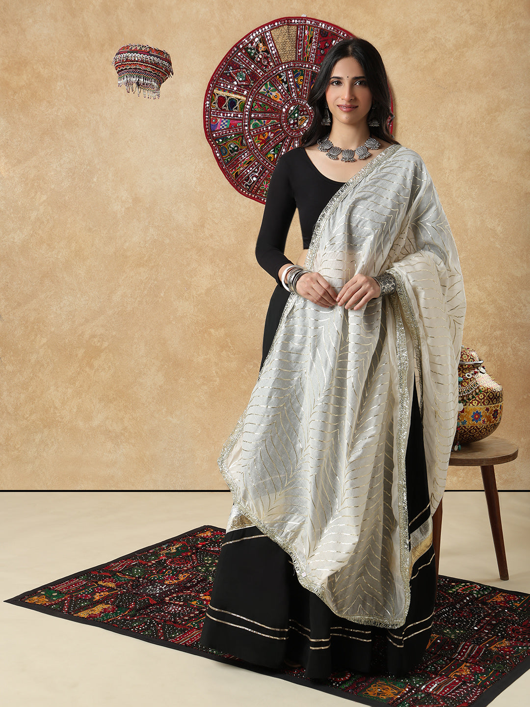 White Silk Festive Garba Dupatta For Navratri
