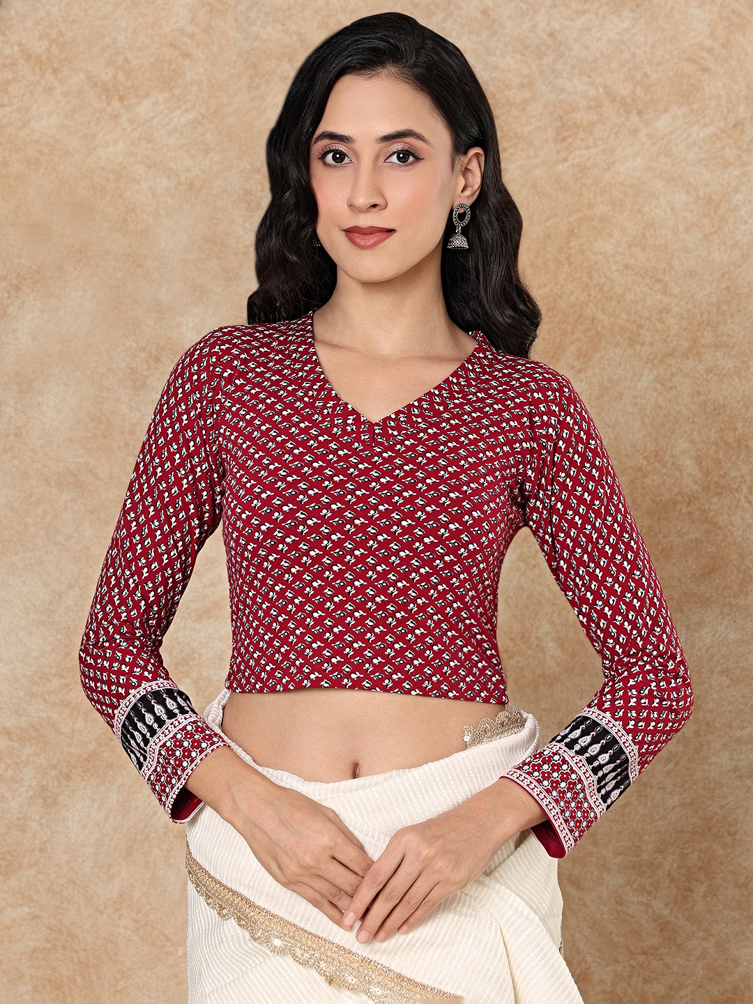 Maroon Cotton Kalamkari Stretchable Readymade Non Padded Blouse
