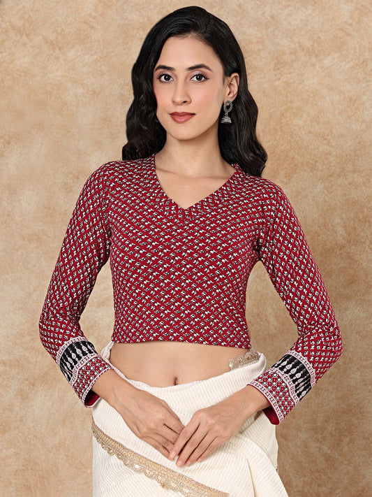 Maroon Cotton Kalamkari Stretchable Readymade Non Padded Blouse