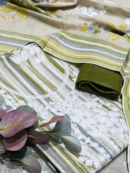 Olive Cotton Embroidered Unstitched Dress Material