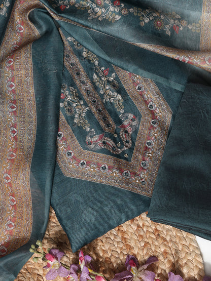 Teal Blue Chanderi Silk Embellished Unstitched Dress Material (3 Pc)