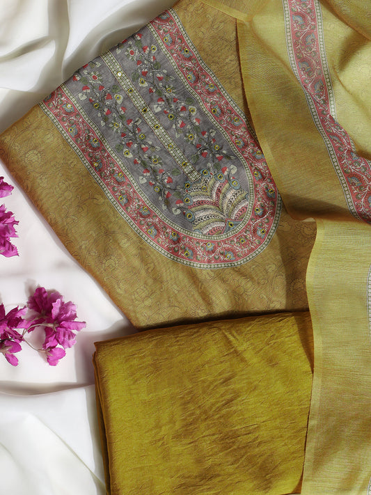 Mustard Chanderi Silk Embellished Unstitched Dress Material (3 Pc)