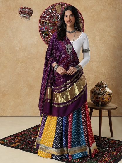 Purple Silk Bandhani Printed Festive Garba Dupatta For Navratri