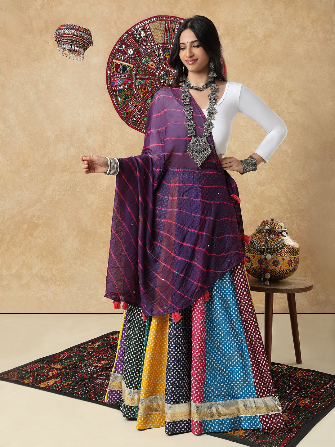 Purple Silk Tie & Dye Festive Garba Dupatta For Navratri