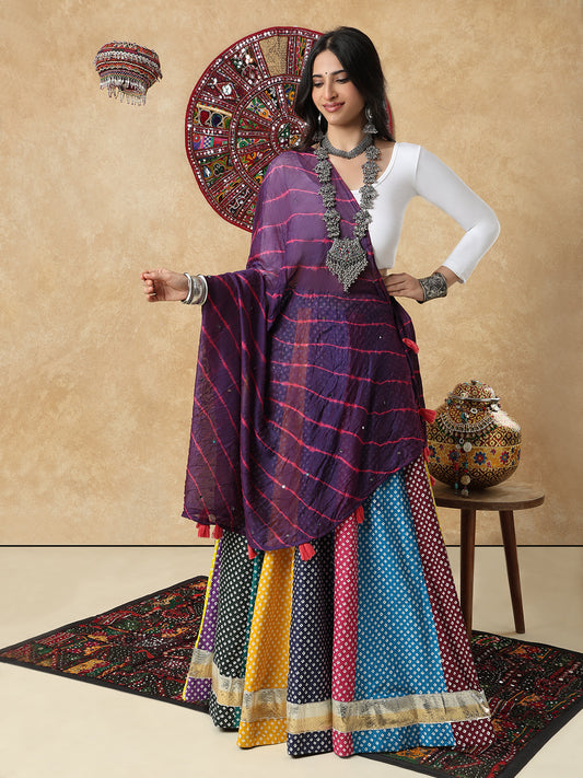 Purple Silk Tie & Dye Festive Garba Dupatta For Navratri