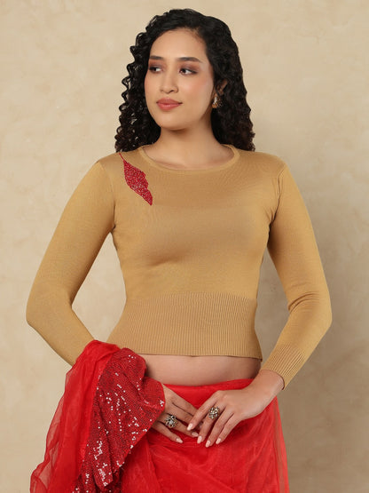 Beige Woolen Round Neck Readymade Blouse