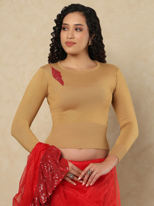 Beige Woolen Round Neck Readymade Blouse
