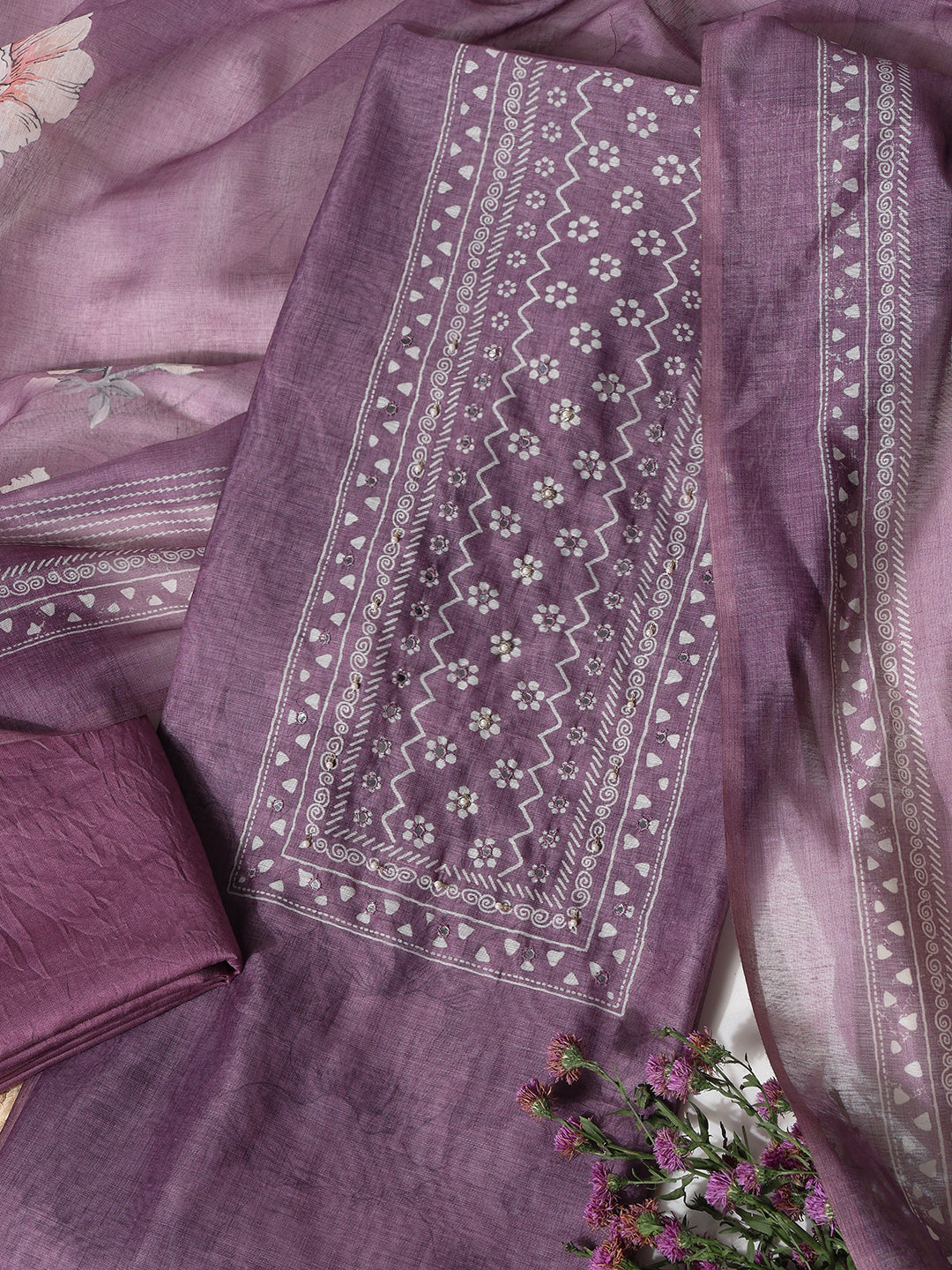 Lavender Chanderi Silk Embellished Unstitched Dress Material (3 Pc)