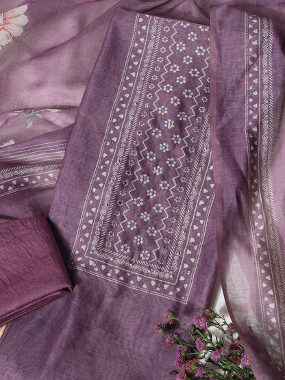 Lavender Chanderi Silk Embellished Unstitched Dress Material (3 Pc)