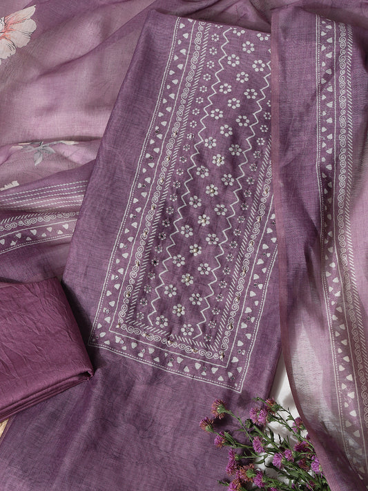 Lavender Chanderi Silk Embellished Unstitched Dress Material (3 Pc)