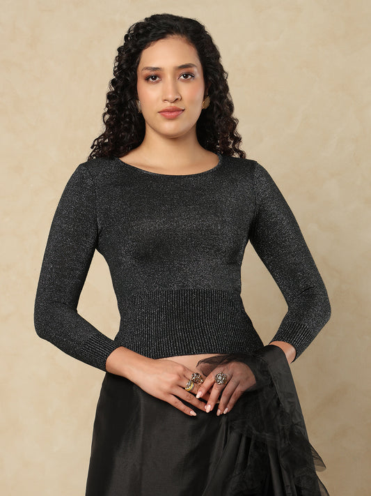 Black Woolen Round Neck Full Sleeves Stretchable Readymade Blouse