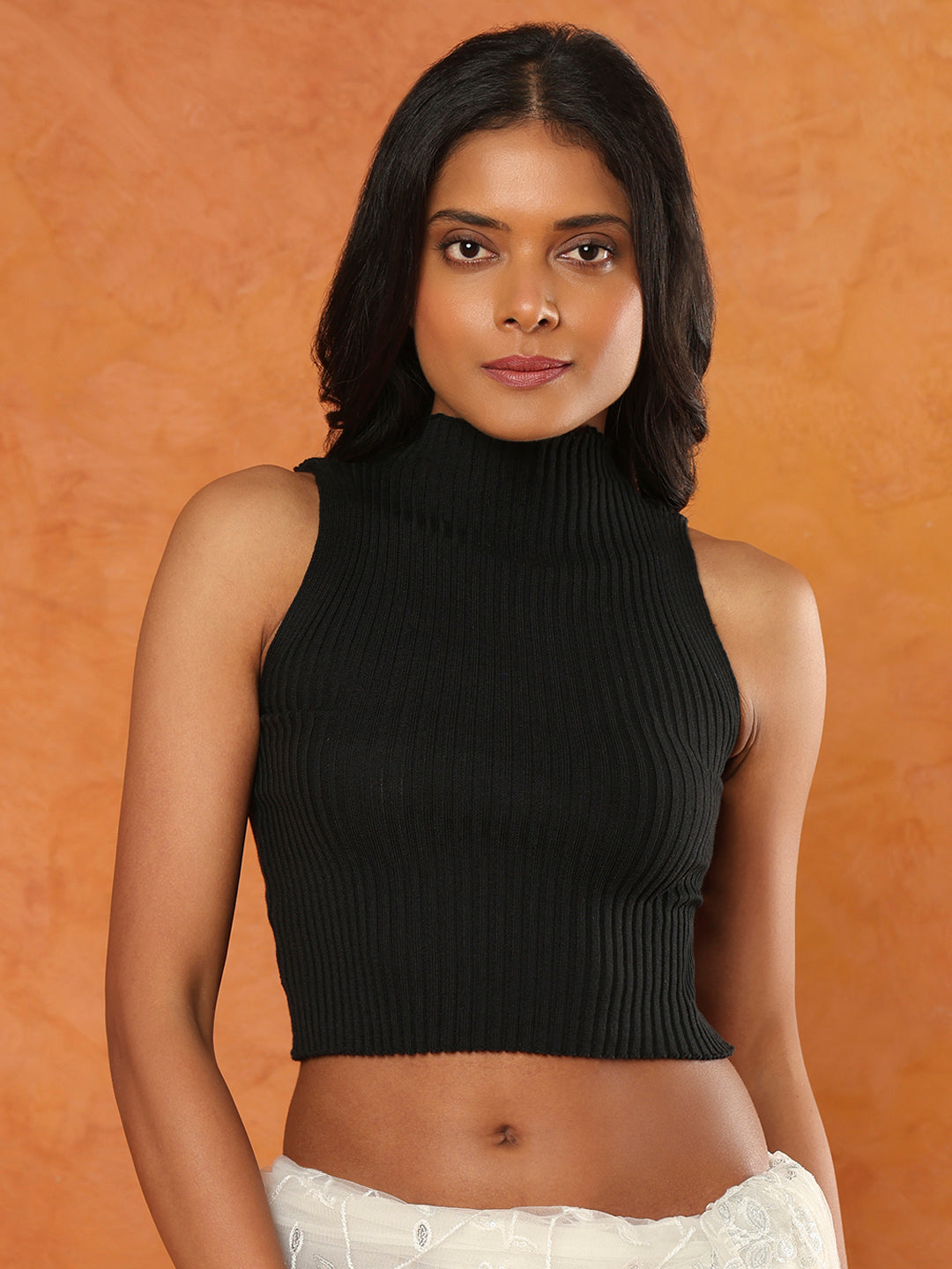 Black Knitted Sleeveless Readymade Blouse