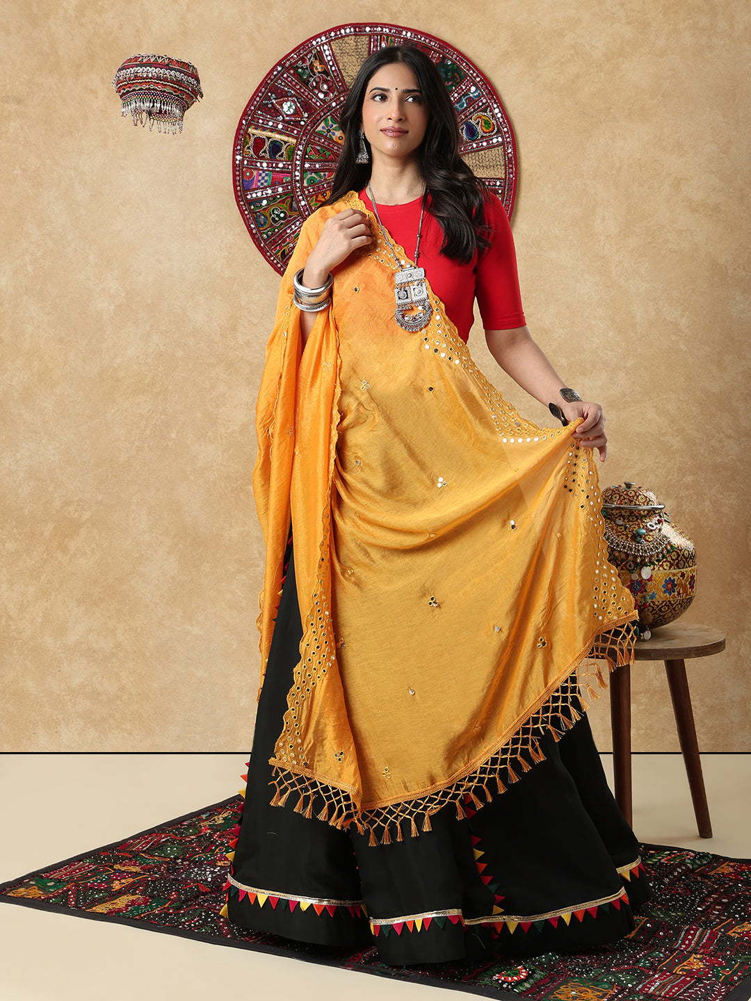 Yellow Silk Mirror Work Festive Garba Dupatta For Navratri
