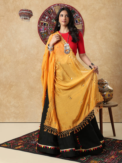 Yellow Silk Mirror Work Festive Garba Dupatta For Navratri