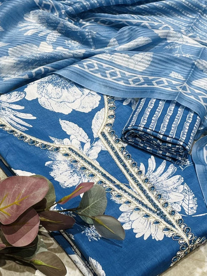 Sky Blue Cotton printed Unstitched Dress Material