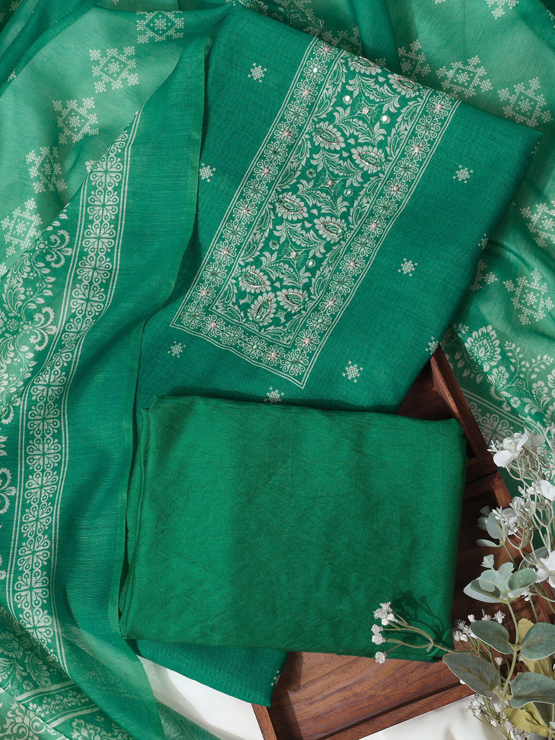 Sea Green Chanderi Silk Embellished Unstitched Dress Material (3 Pc)