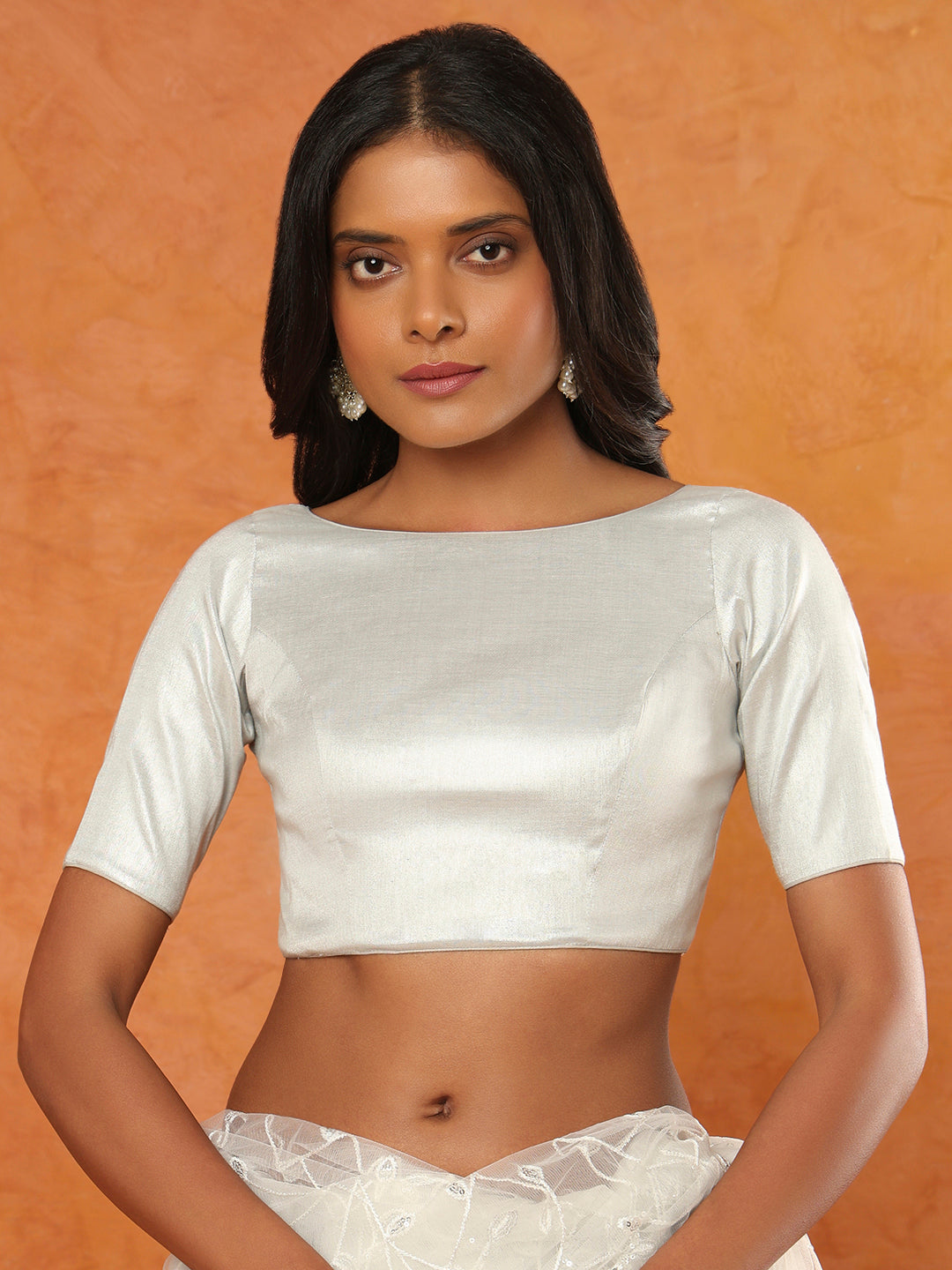 Silver Tissue Boat Neck Readymade Blouse