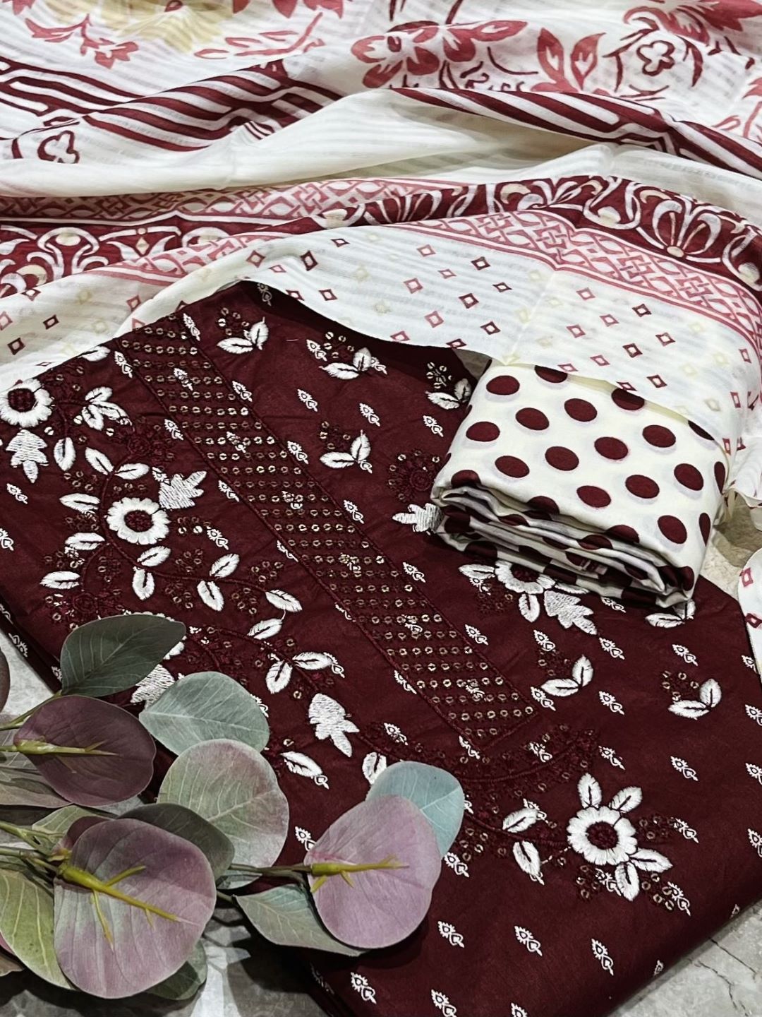Maroon Cotton Embroidered Unstitched Dress Material
