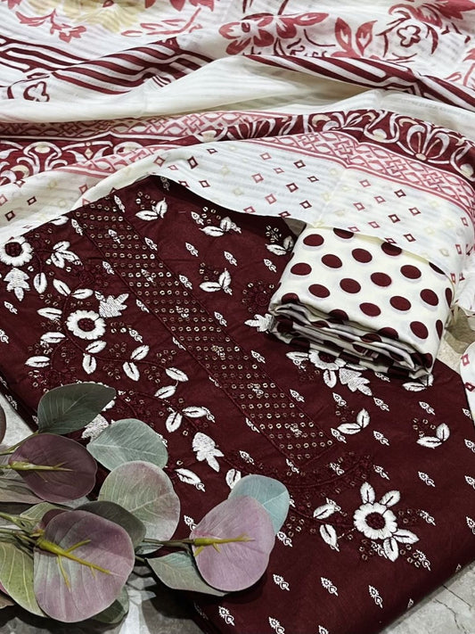 Maroon Cotton Embroidered Unstitched Dress Material