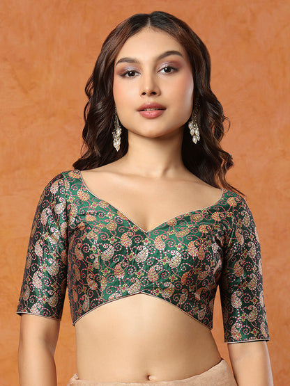 Green Brocade Sweetheart Neck Readymade Blouse