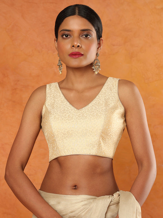 Golden Brocade Sleeveless V Neck Readymade Blouse