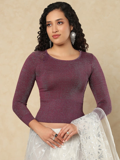 Wine Woolen Round Neck Full Sleeves Stretchable Readymade Blouse