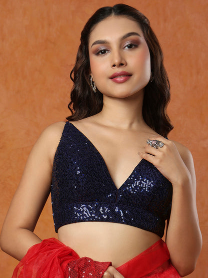 Navy Blue Sequin Sleeveless Readymade Blouse