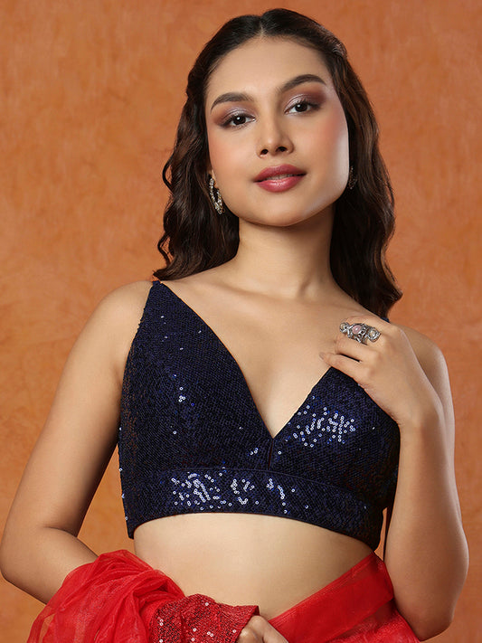 Navy Blue Sequin Sleeveless Readymade Blouse