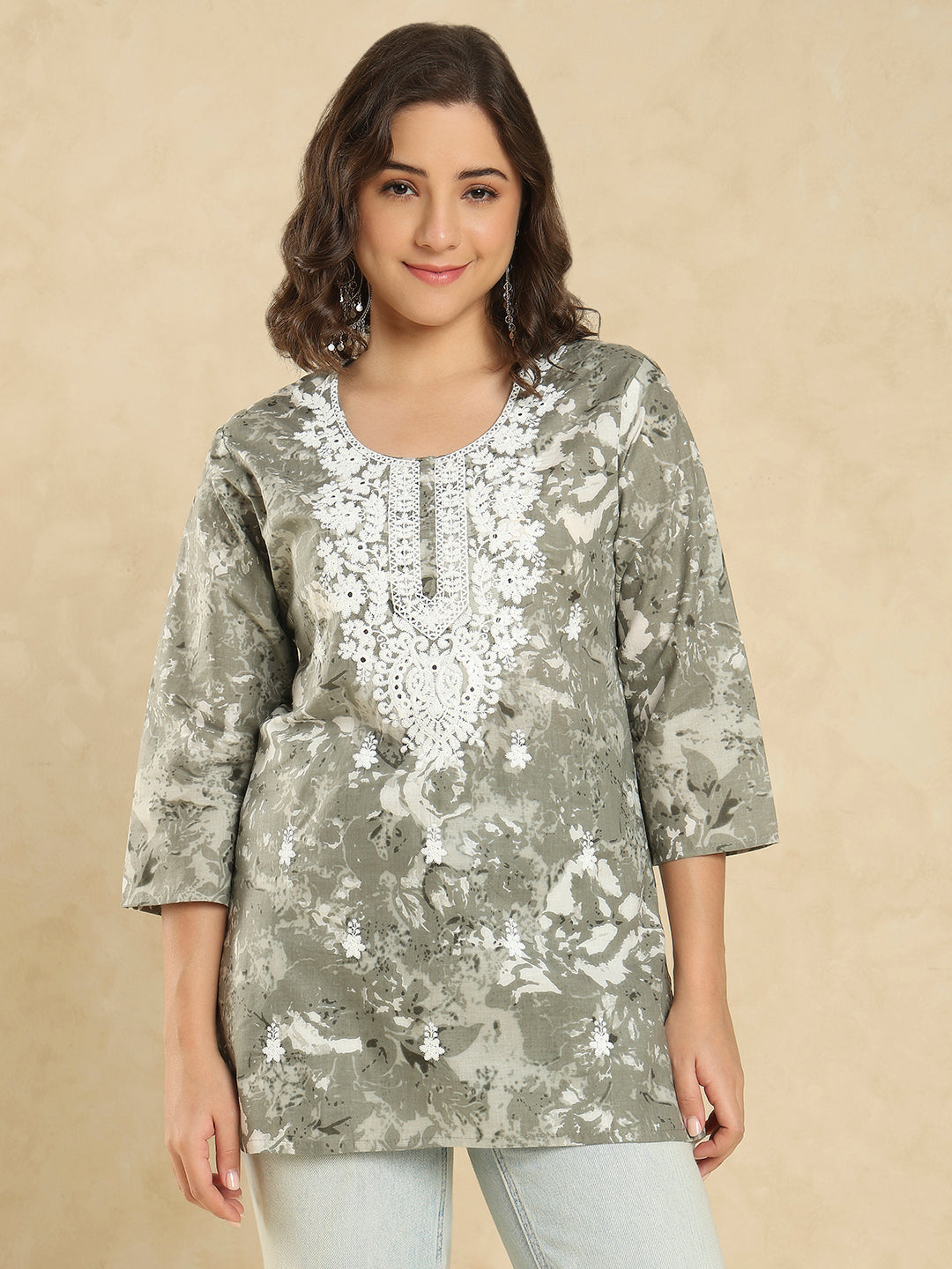 Grey Cotton Printed Embroidered Short Kurti
