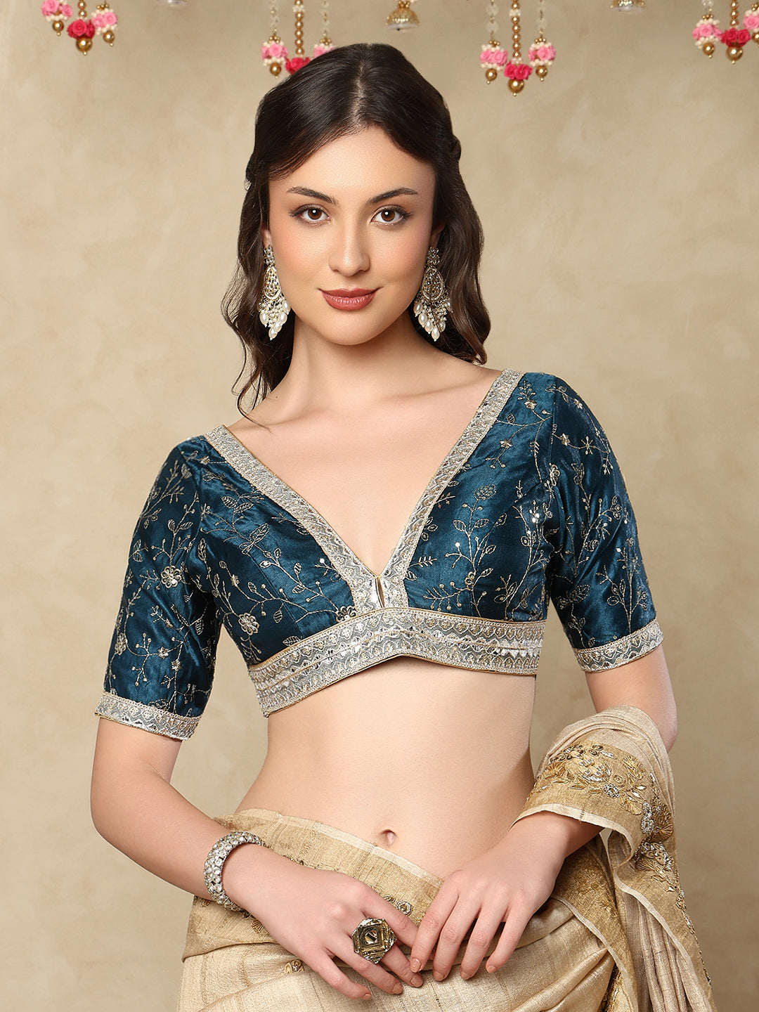 Blue Silk V Neck Readymade Blouse