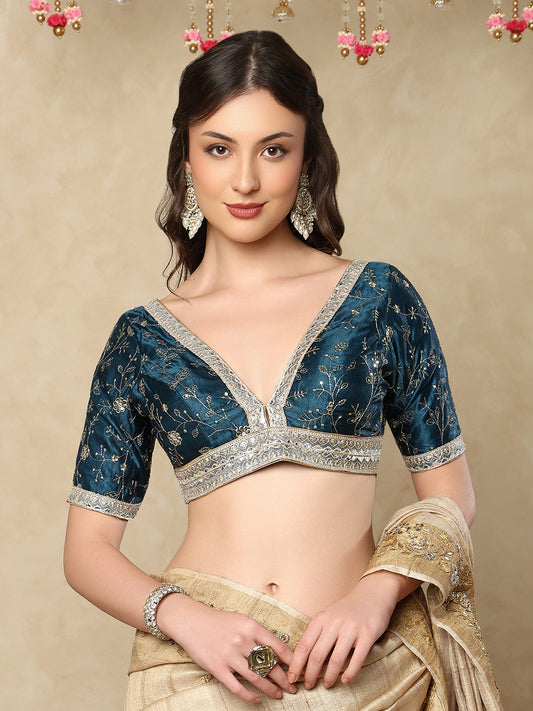 Blue Silk V Neck Readymade Blouse