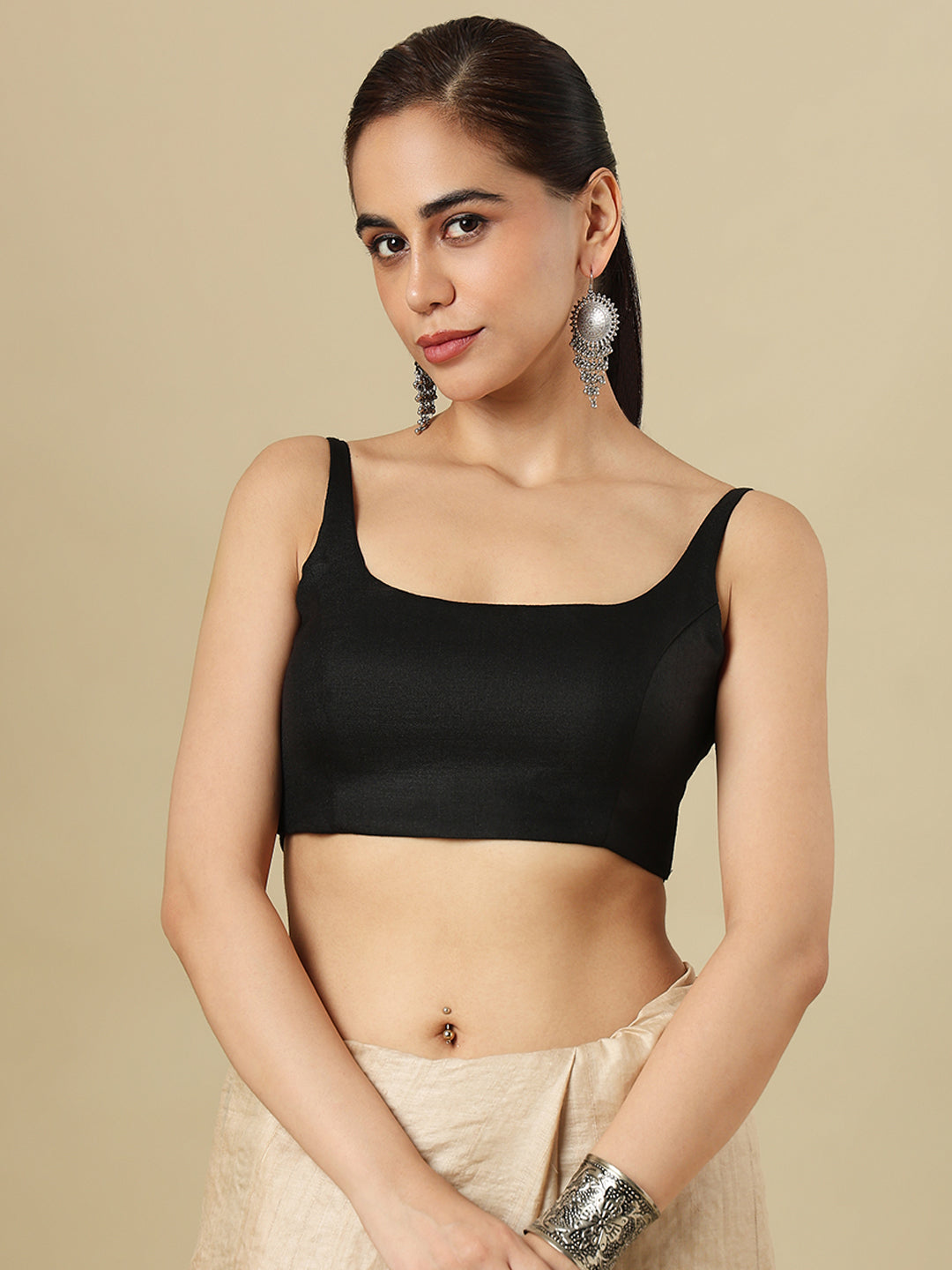 Black Pure Linen Sleeveless Readymade Saree Blouse