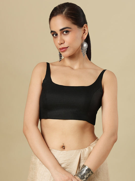 Black Pure Linen Sleeveless Readymade Saree Blouse