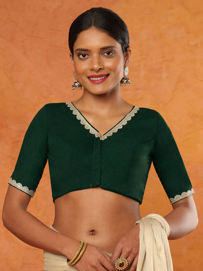 Green Rayon V Neck Readymade Blouse