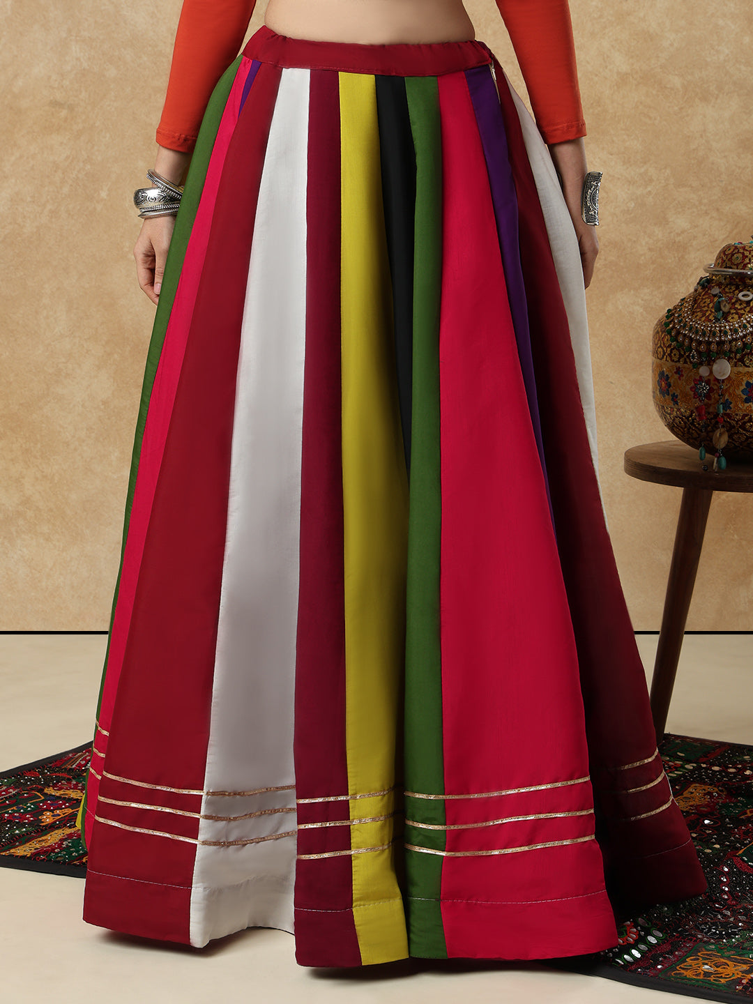 Multicolour Cotton Panel Garba Readymade Skirt For Navratri