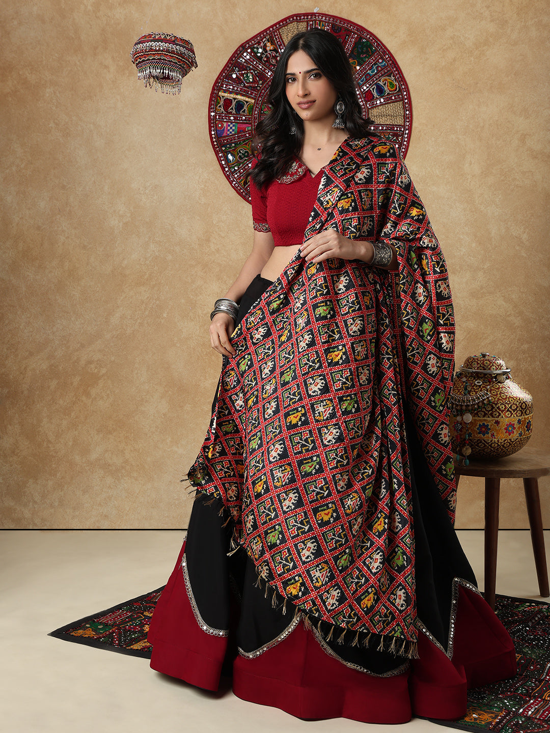 Black Silk Patola Printed Festive Garba Dupatta For Navratri