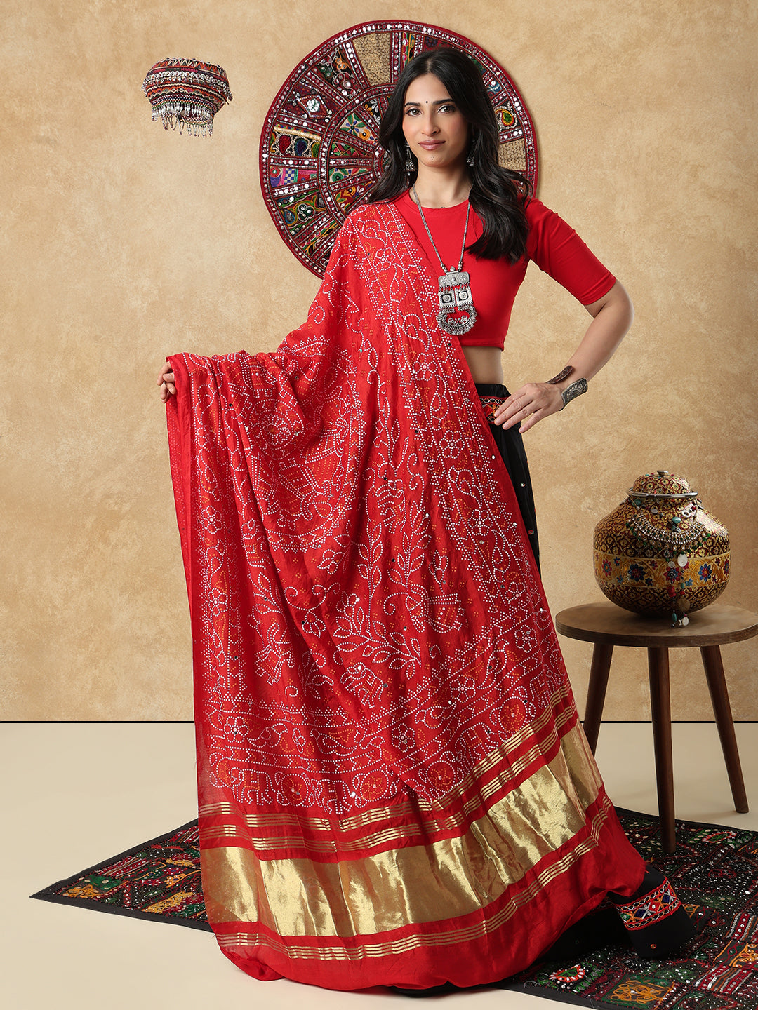 Red Silk Bandhani Printed Festive Garba Dupatta For Navratri