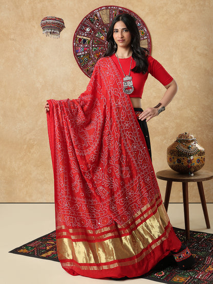Red Silk Bandhani Printed Festive Garba Dupatta For Navratri