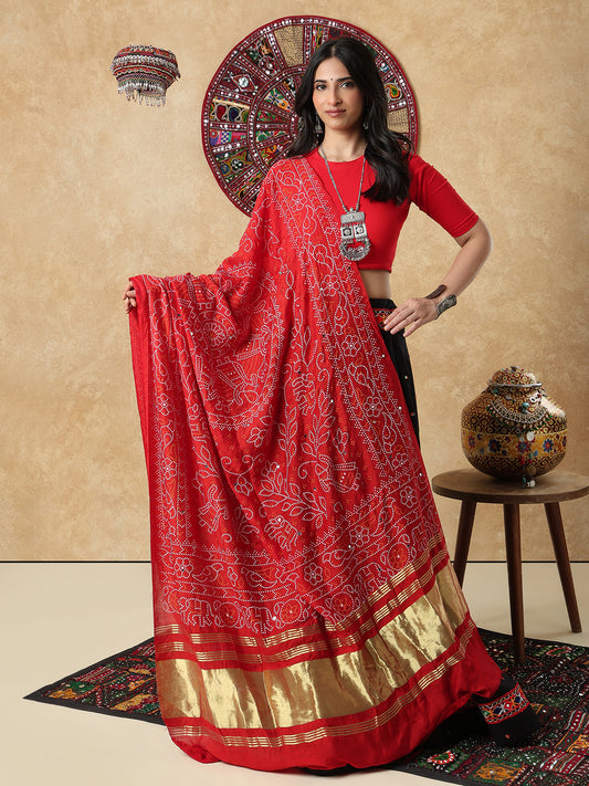 Red Silk Bandhani Printed Festive Garba Dupatta For Navratri