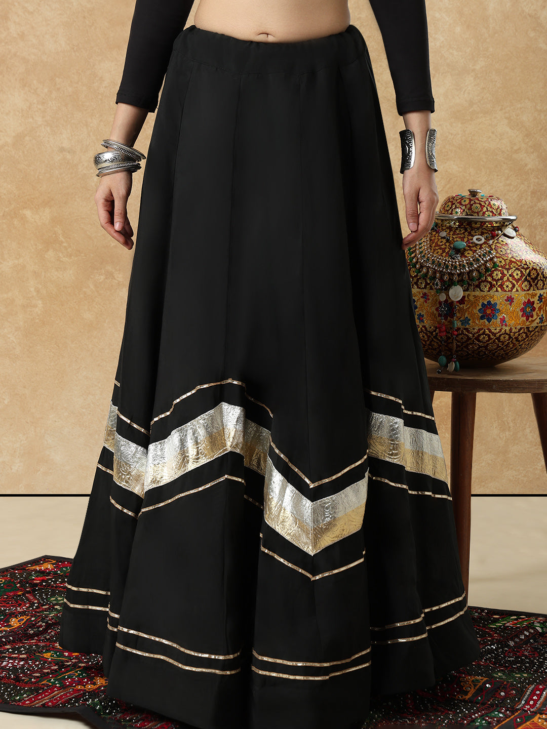 Black Embellished Lace Work Garba Cotton Readymade Skirt For Navratri