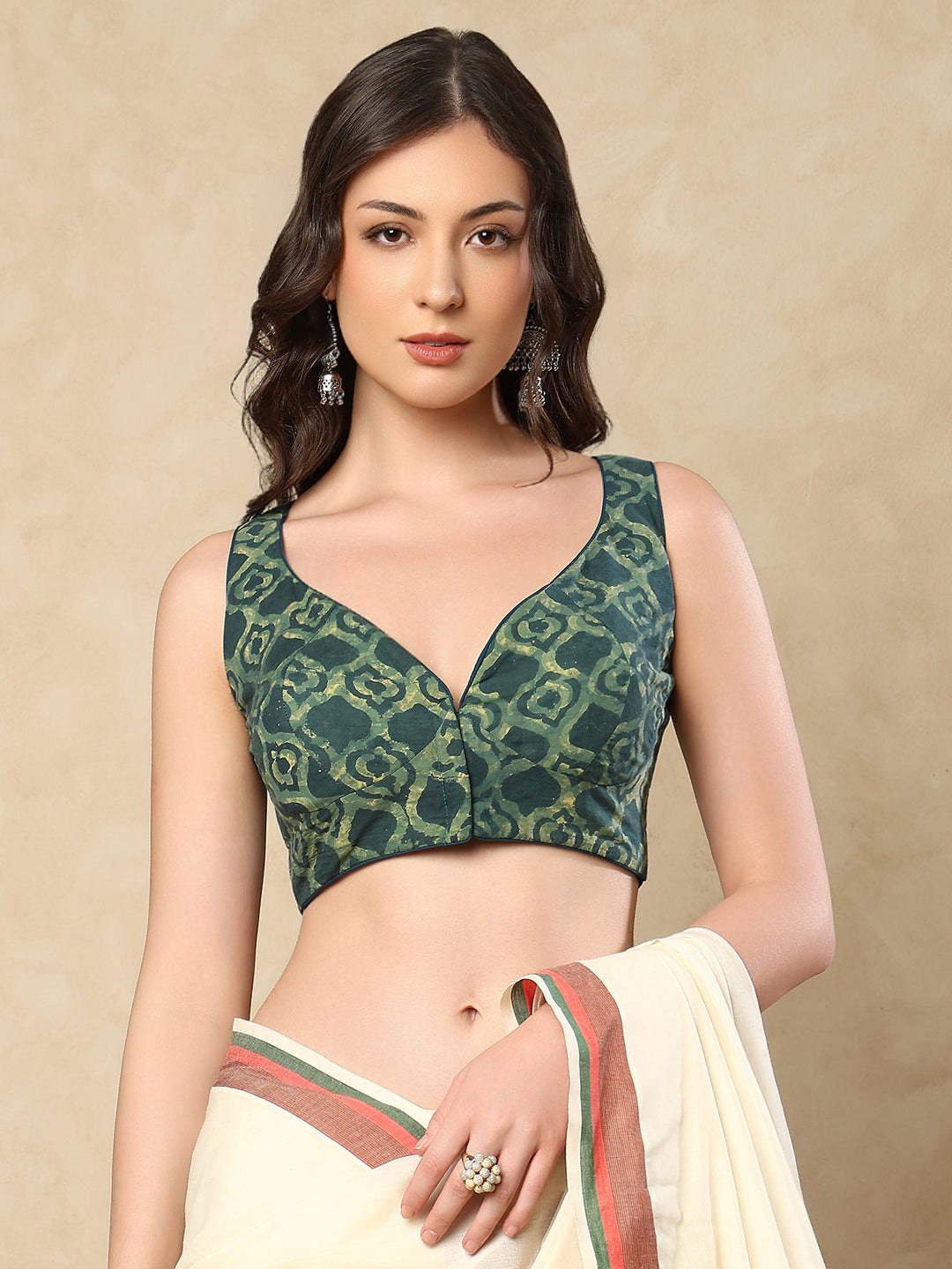 Green Cotton Sleeveless Readymade Padded blouse