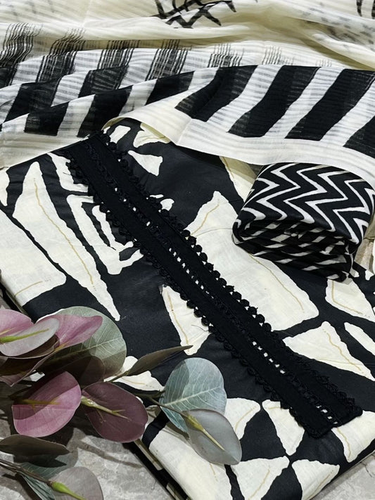 Black Cotton printed Unstitched Dress Material