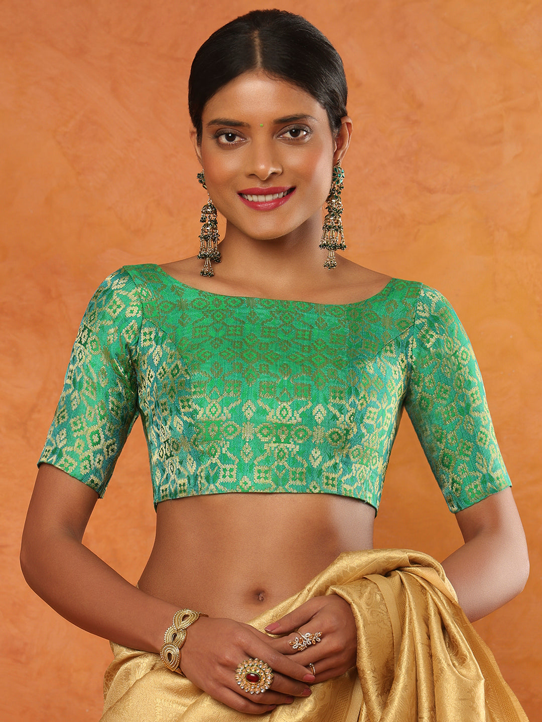 Green Brocade Boat Neck Readymade Blouse